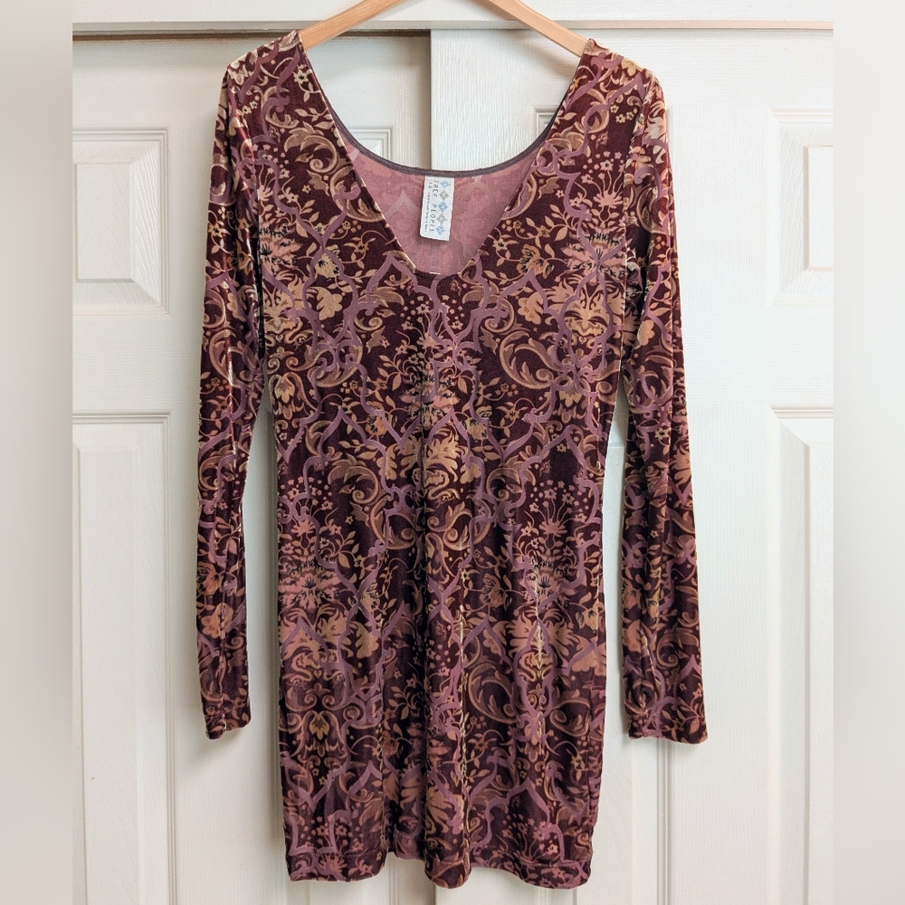 Free People Velvet Floral Bodycon Long Sleeve Dress Pink Brown Gold